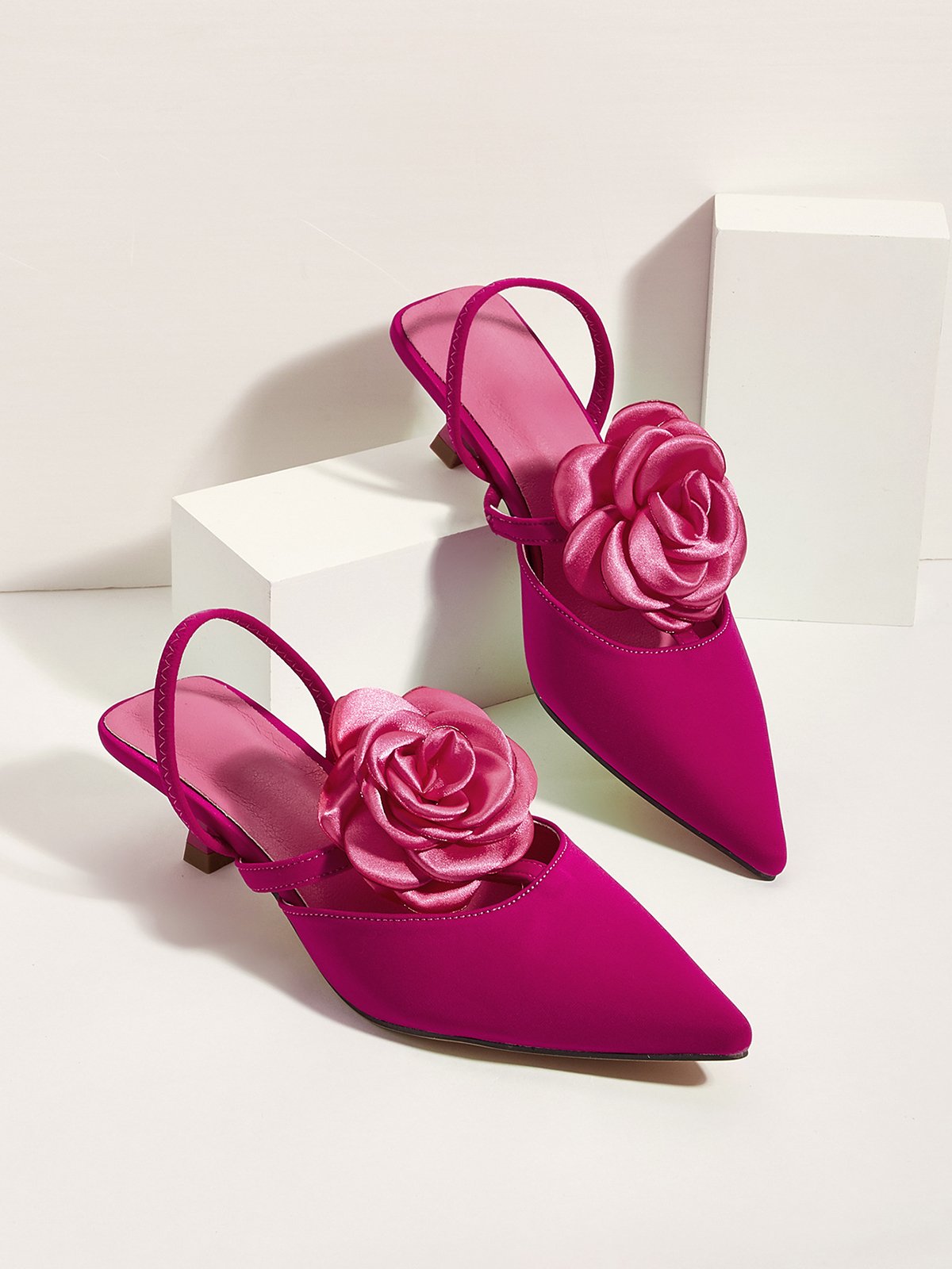 Elegant Rose Satin Kitten Heeled Slingback Pumps