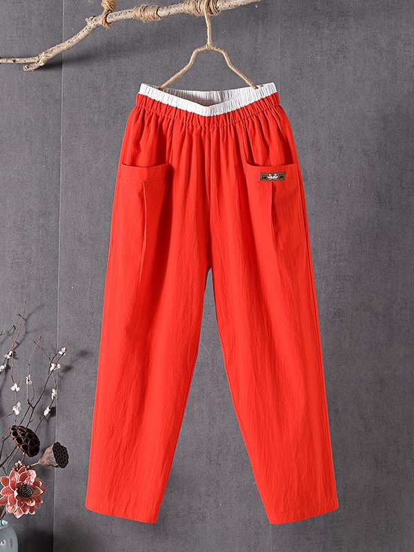 Plain Casual Pocket Stitching Cotton Pants