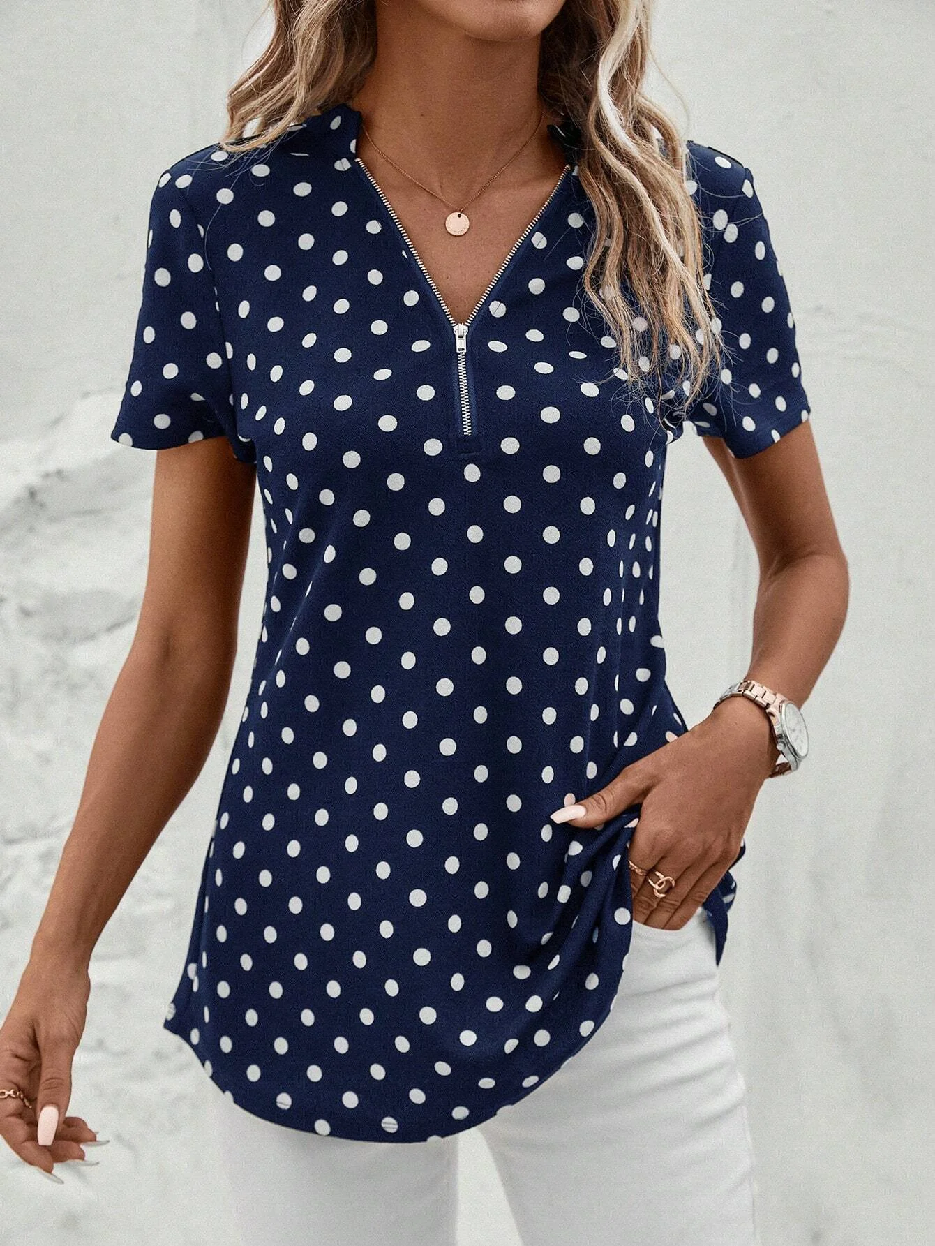 Women's Short Sleeve Shirt Summer Dark Blue Polka Dots Zipper V Neck Going Out Top