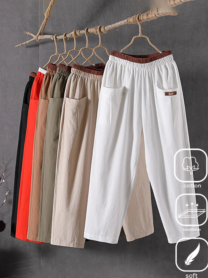 Plain Casual Pocket Stitching Cotton Pants