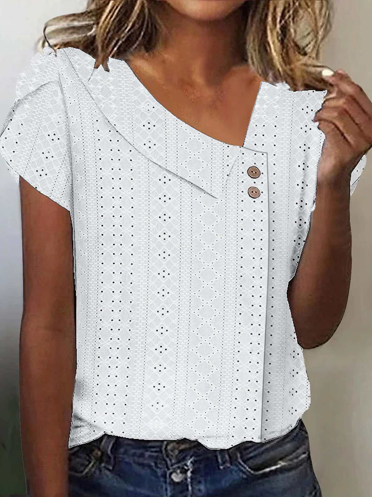 Lace Loose Plain Casual T-Shirt