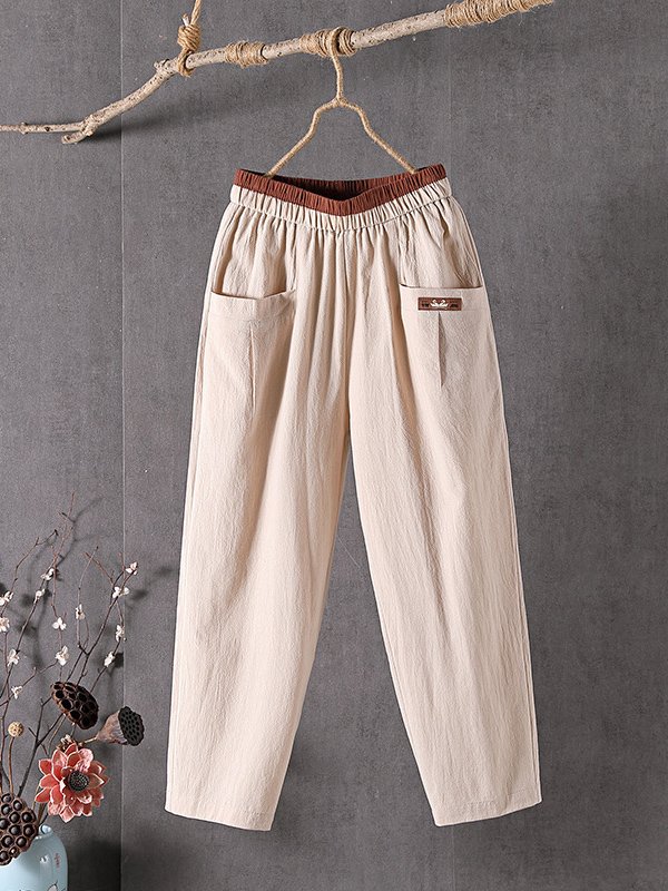 Plain Casual Pocket Stitching Cotton Pants