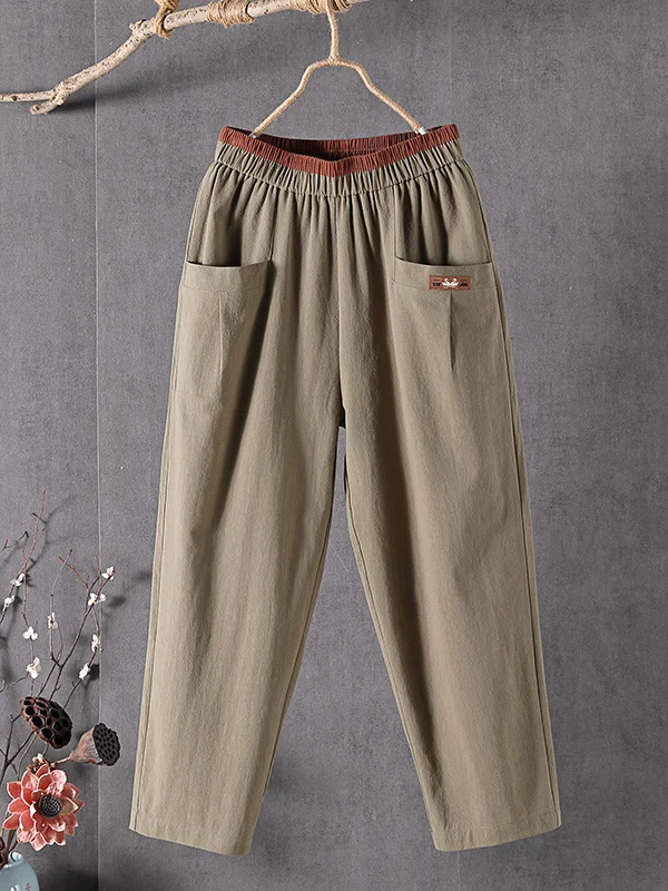 Plain Casual Pocket Stitching Cotton Pants