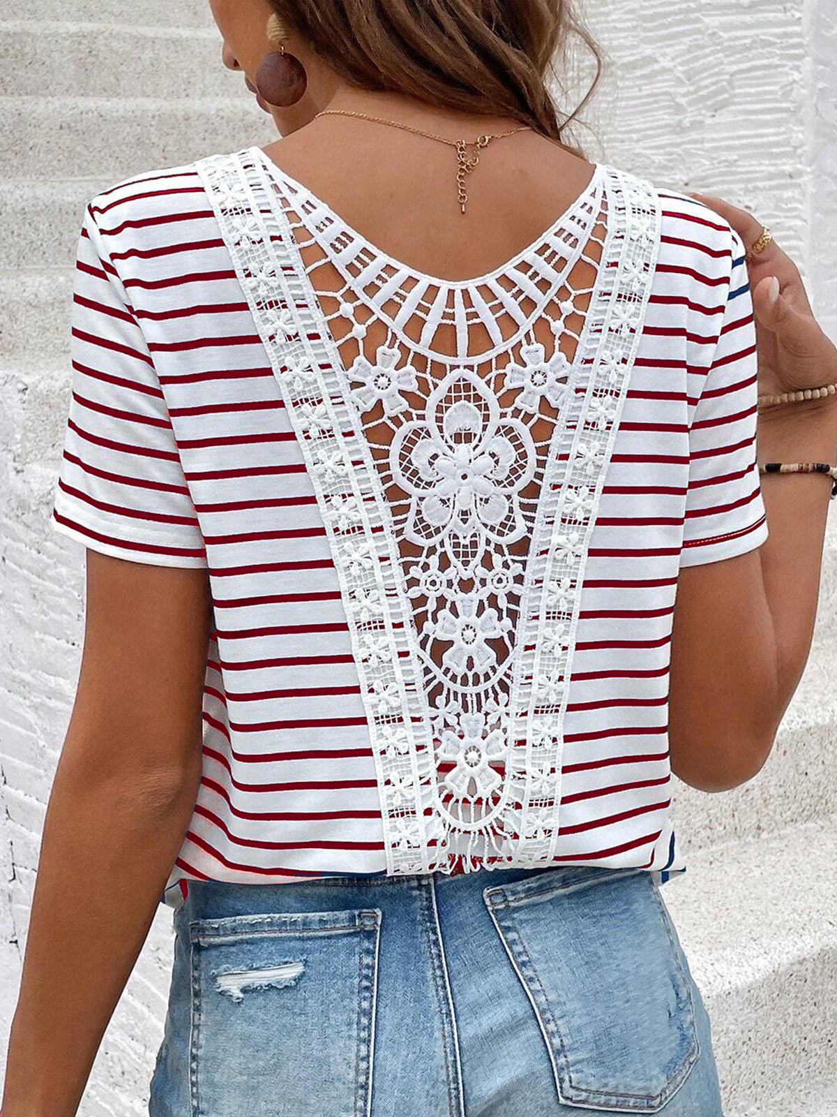 Women's Short Sleeve Tee Summer Striped Lace Hollow out V Neck Going Out Elegant Top White Red