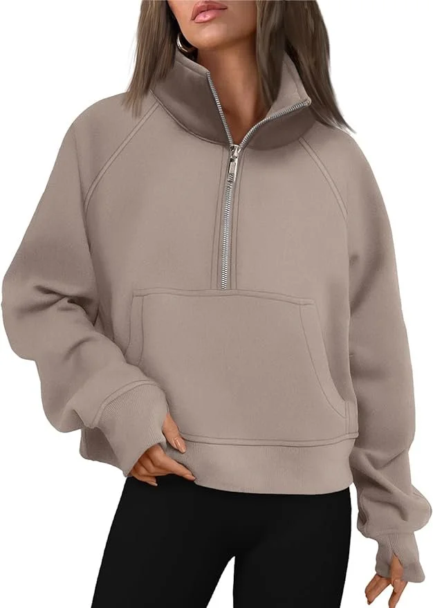 Womens Sweatshirts Half Zip Cropped Pullover Fleece Quarter Zipper Hoodies Fall outfits Clothes Thumb Hole