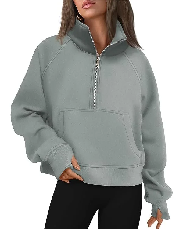 Womens Sweatshirts Half Zip Cropped Pullover Fleece Quarter Zipper Hoodies Fall outfits Clothes Thumb Hole