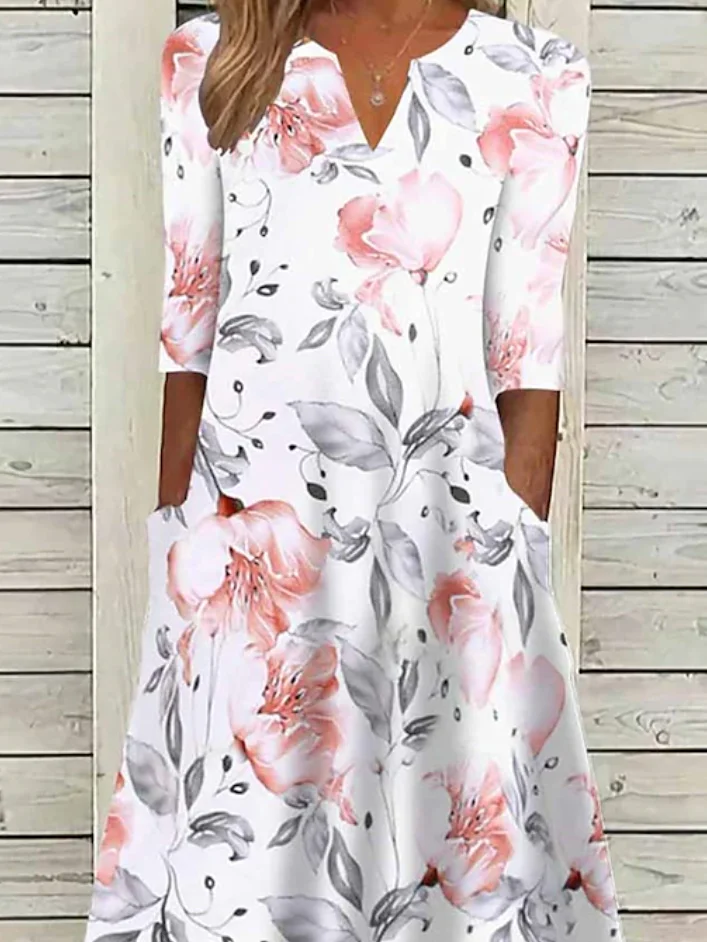 Loose Notched Floral Casual Dress With No