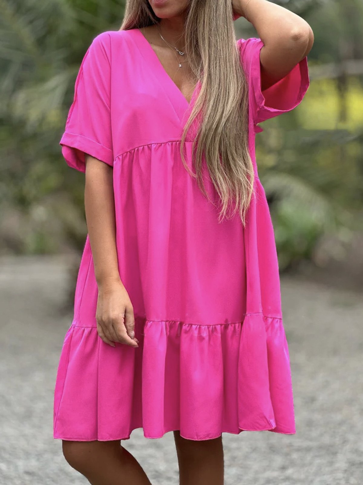 Vacation Loose Plain V Neck Dress