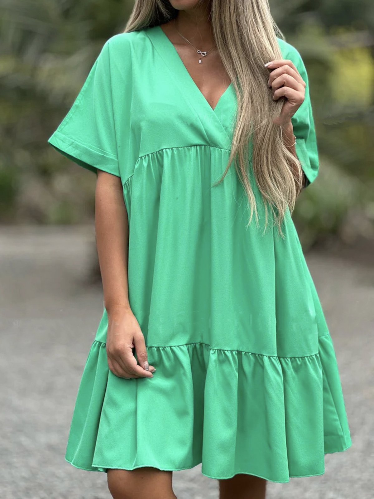 Vacation Loose Plain V Neck Dress