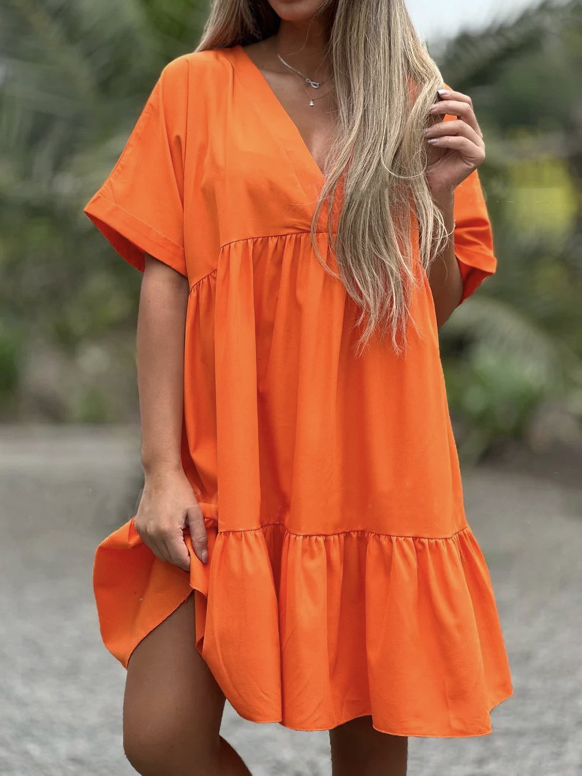 Vacation Loose Plain V Neck Dress