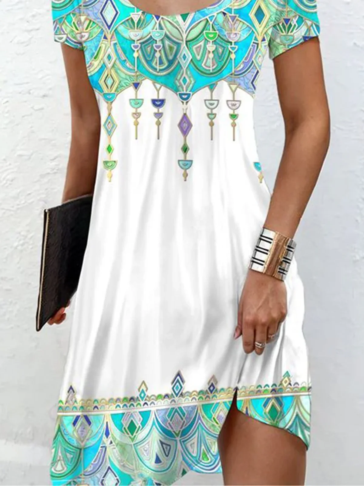 Casual Ethnic Loose Crew Neck Dress With No