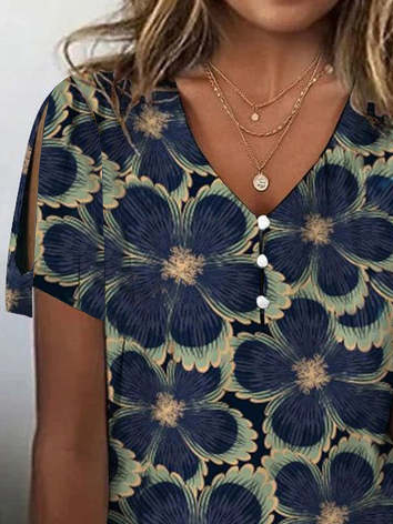 Casual Buckle Floral Loose T-Shirt