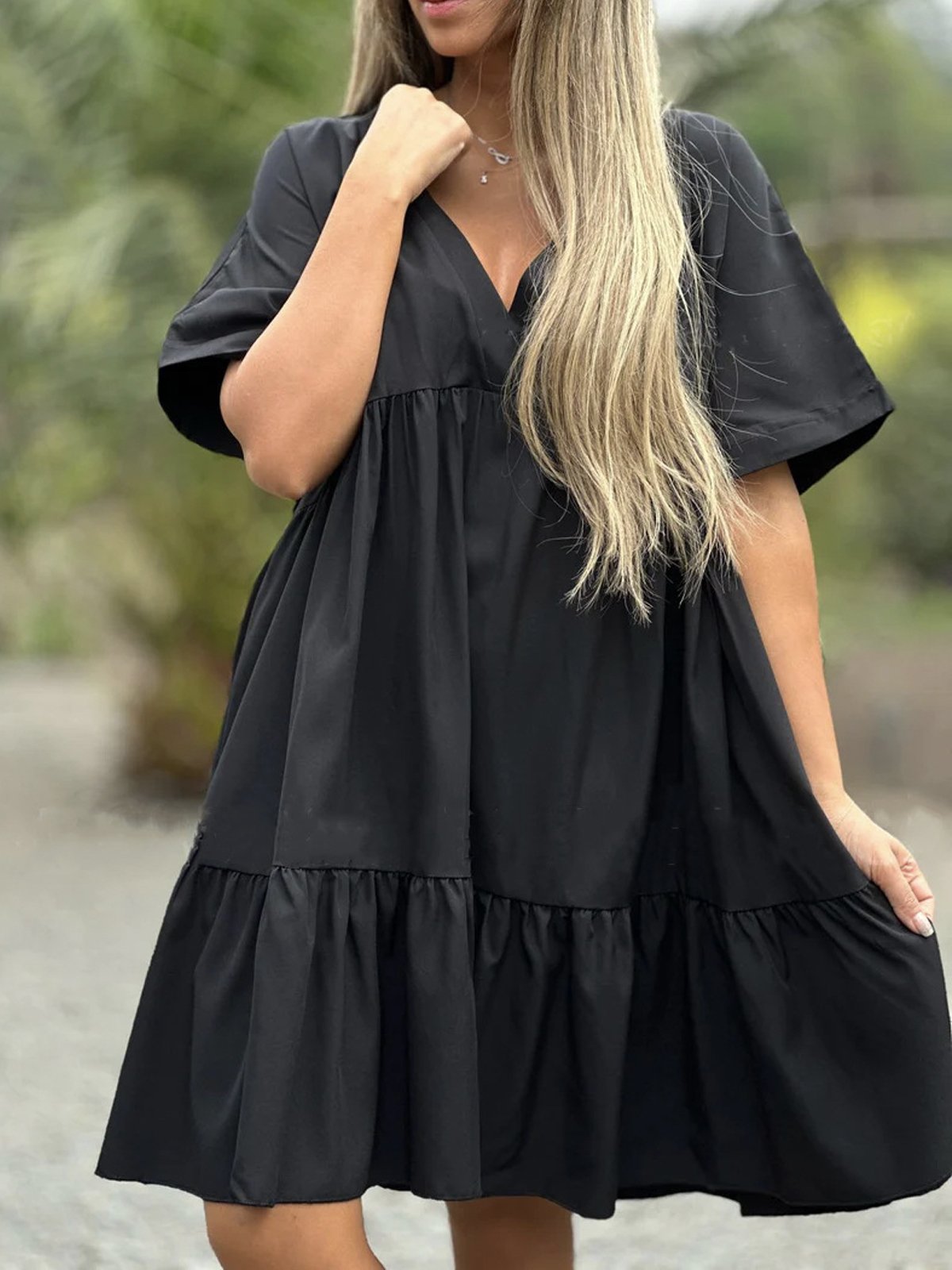 Vacation Loose Plain V Neck Dress