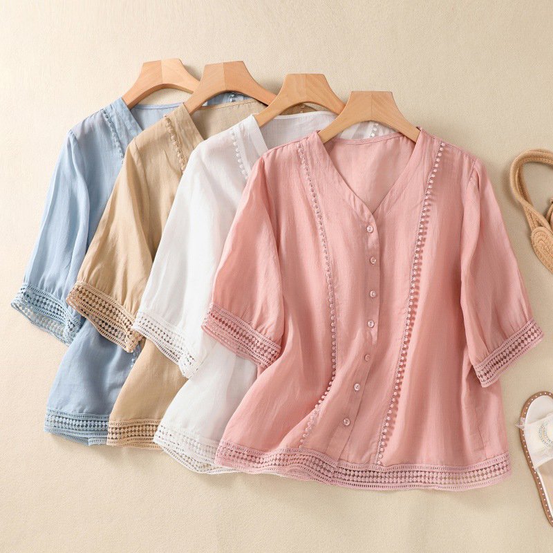 V Neck Loose Cotton Casual Blouse