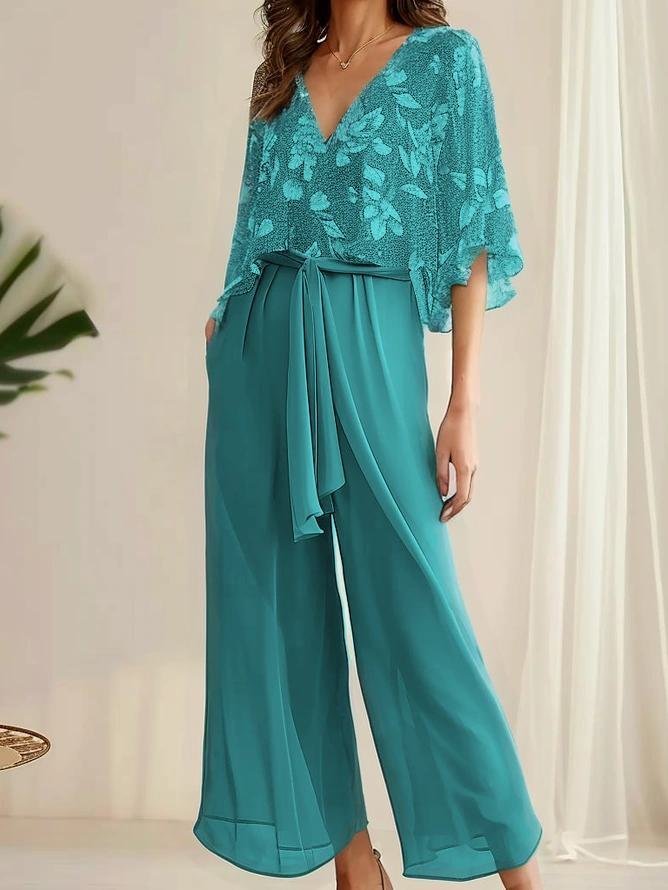 Women's Lace-up Floral Holiday Chiffon Going Out Two-Piece Set Casual Summer Top With Pants Matching Set