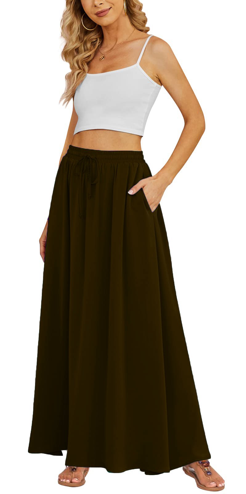 Women's Flowy Maxi Skirt Summer Pleated High Waisted Casual Long Skirts with Pockets