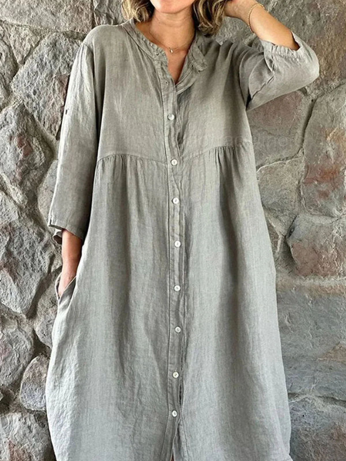 Cotton And Linen Casual Dress With No