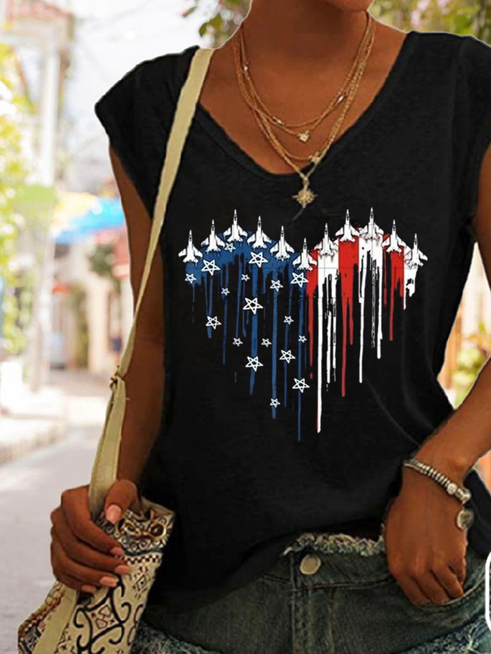 V Neck America Flag Casual T-Shirt