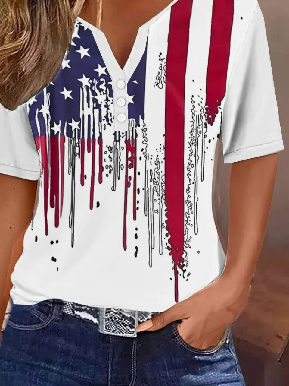 Casual Independence Day Notched T-Shirt