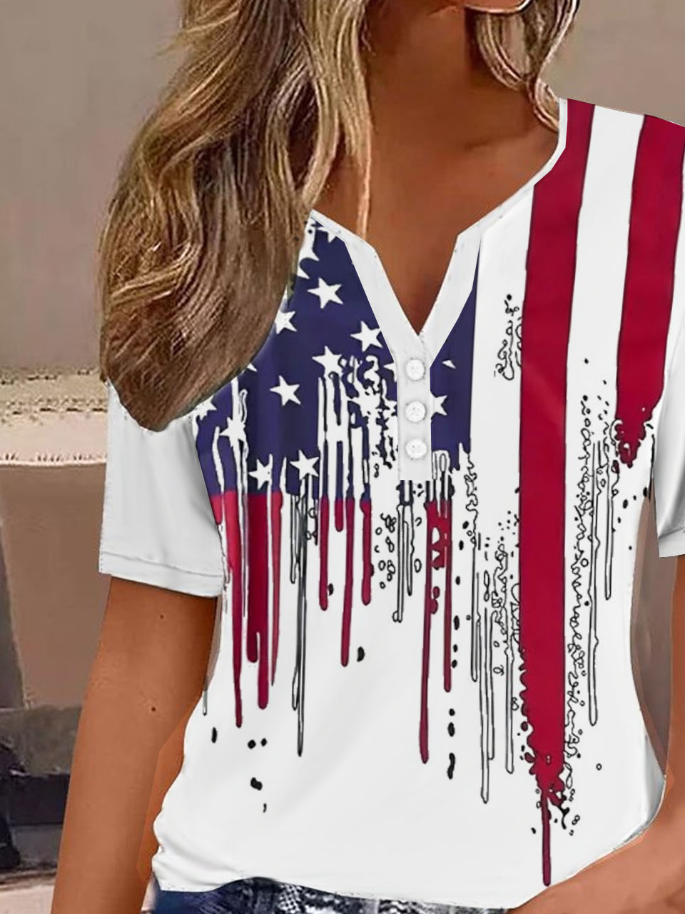Casual Independence Day Notched T-Shirt