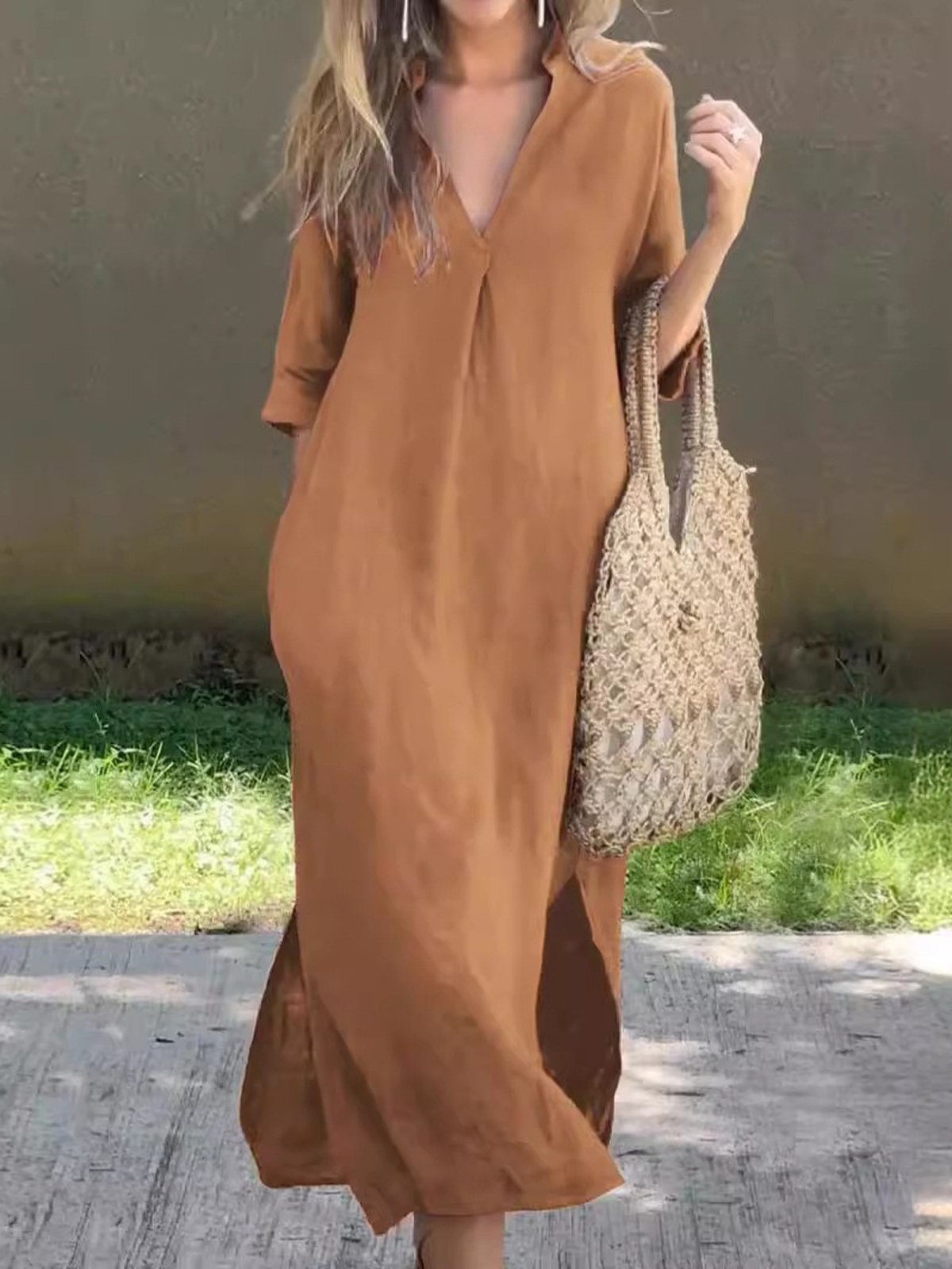 Plain Casual Loose V Neck Dress With No