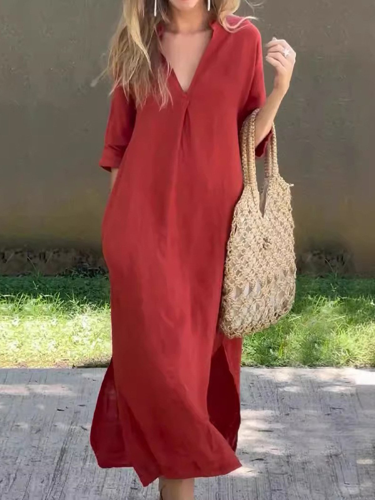 Plain Casual Loose V Neck Dress With No