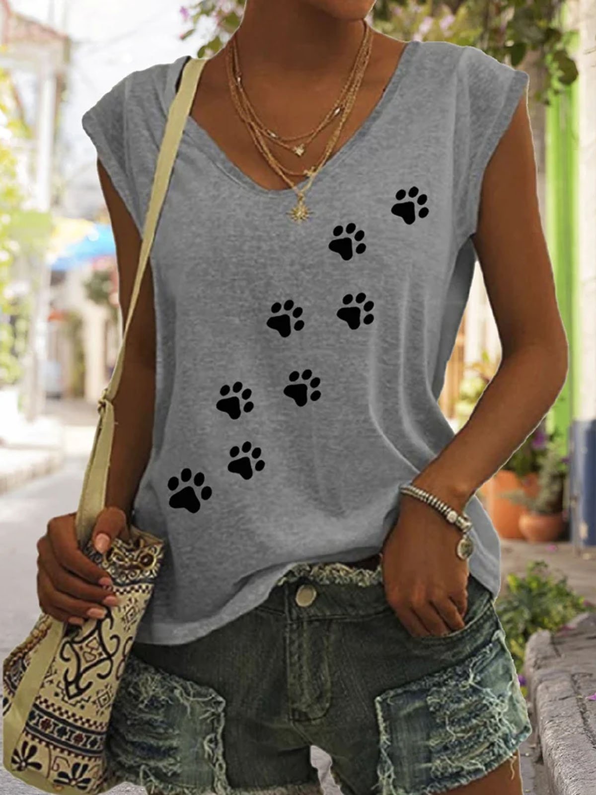 Women's Dog Paw Print V-Neck Tee