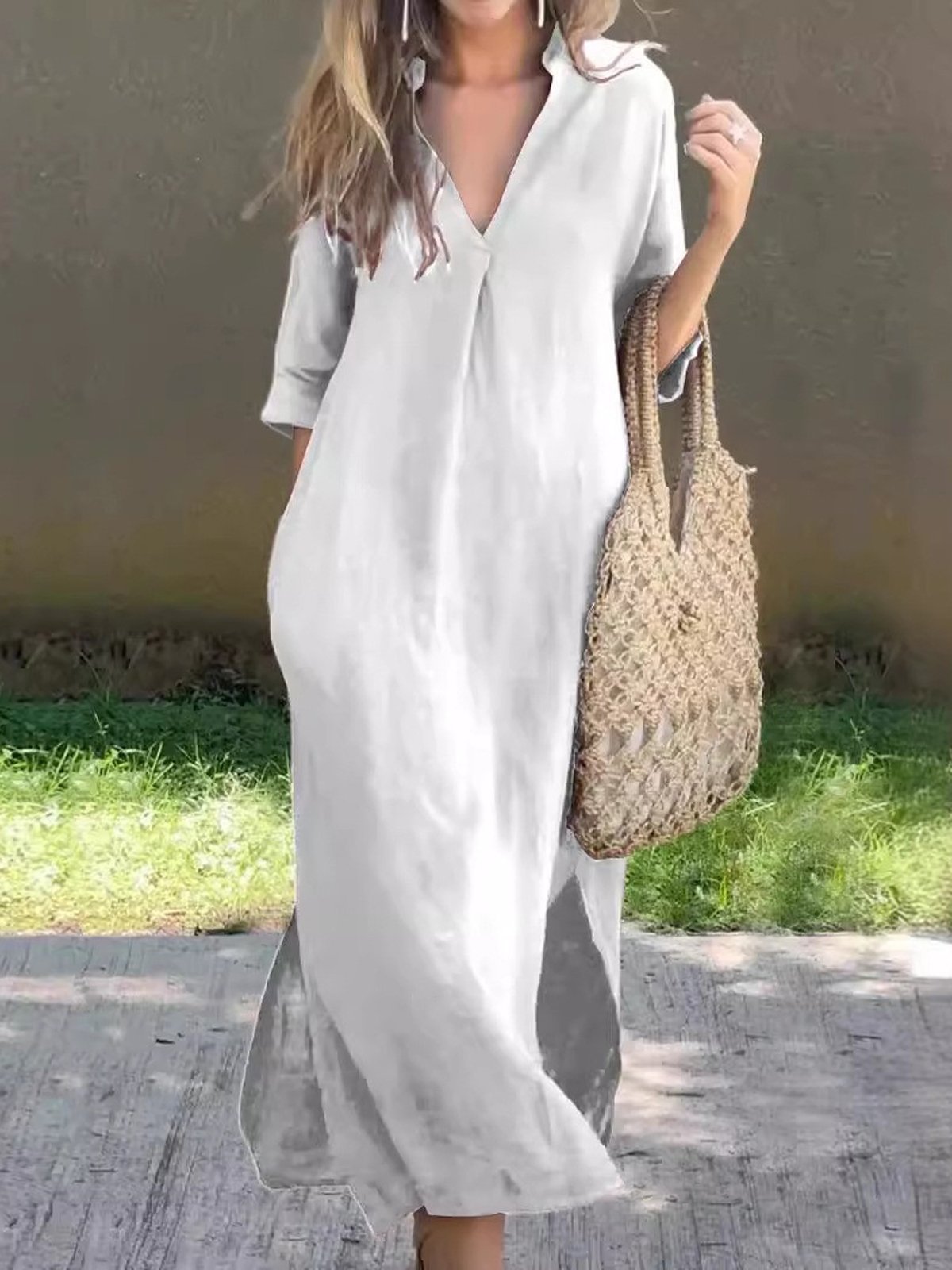 Plain Casual Loose V Neck Dress With No