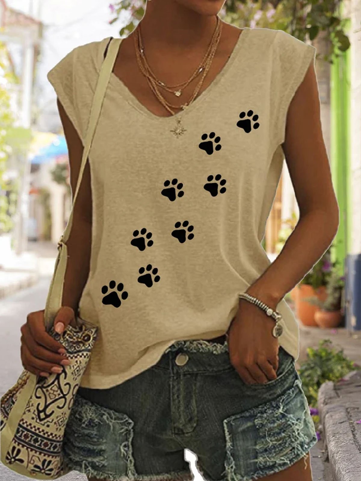 Women's Dog Paw Print V-Neck Tee