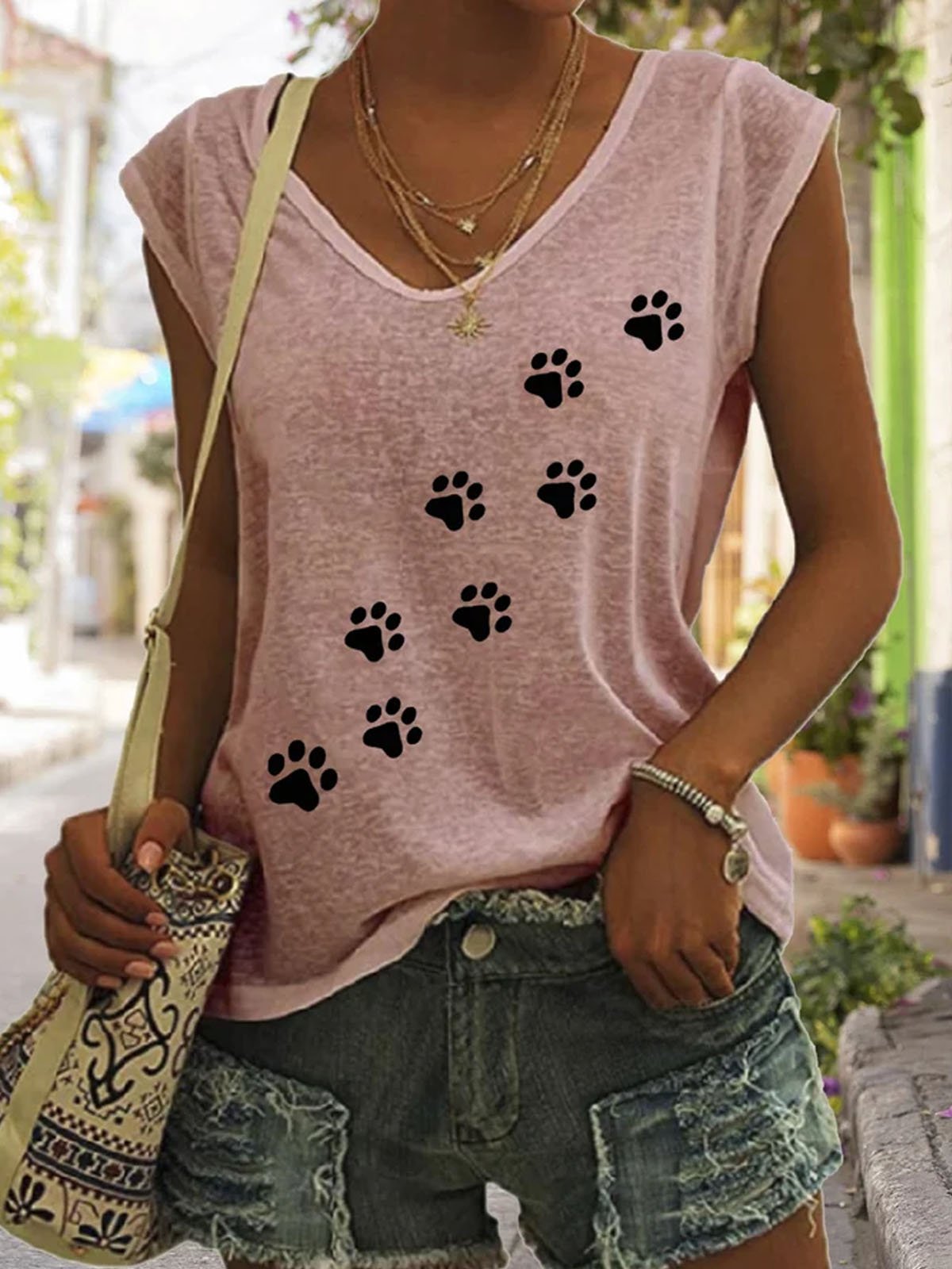 Women's Dog Paw Print V-Neck Tee