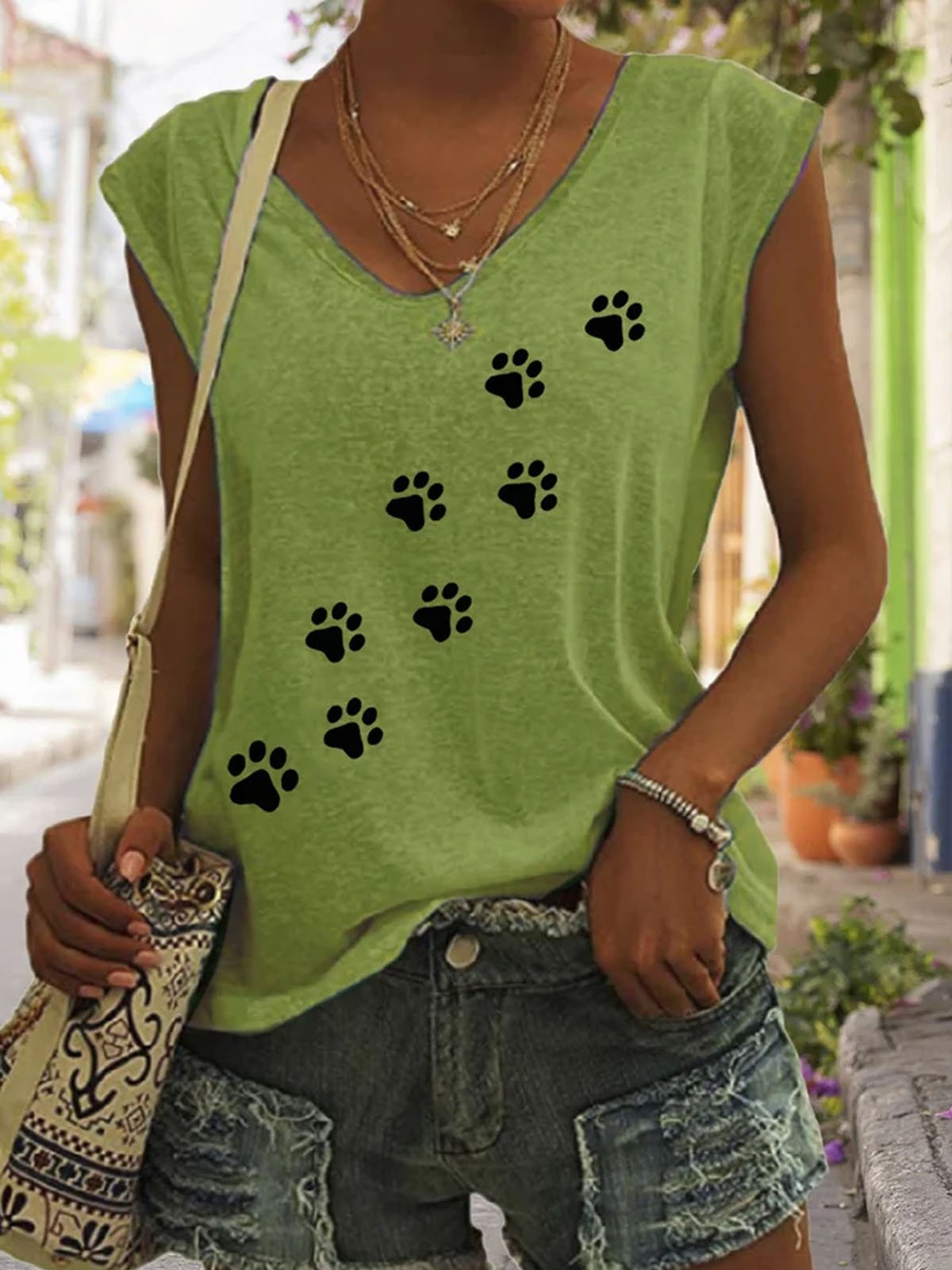 Women's Dog Paw Print V-Neck Tee