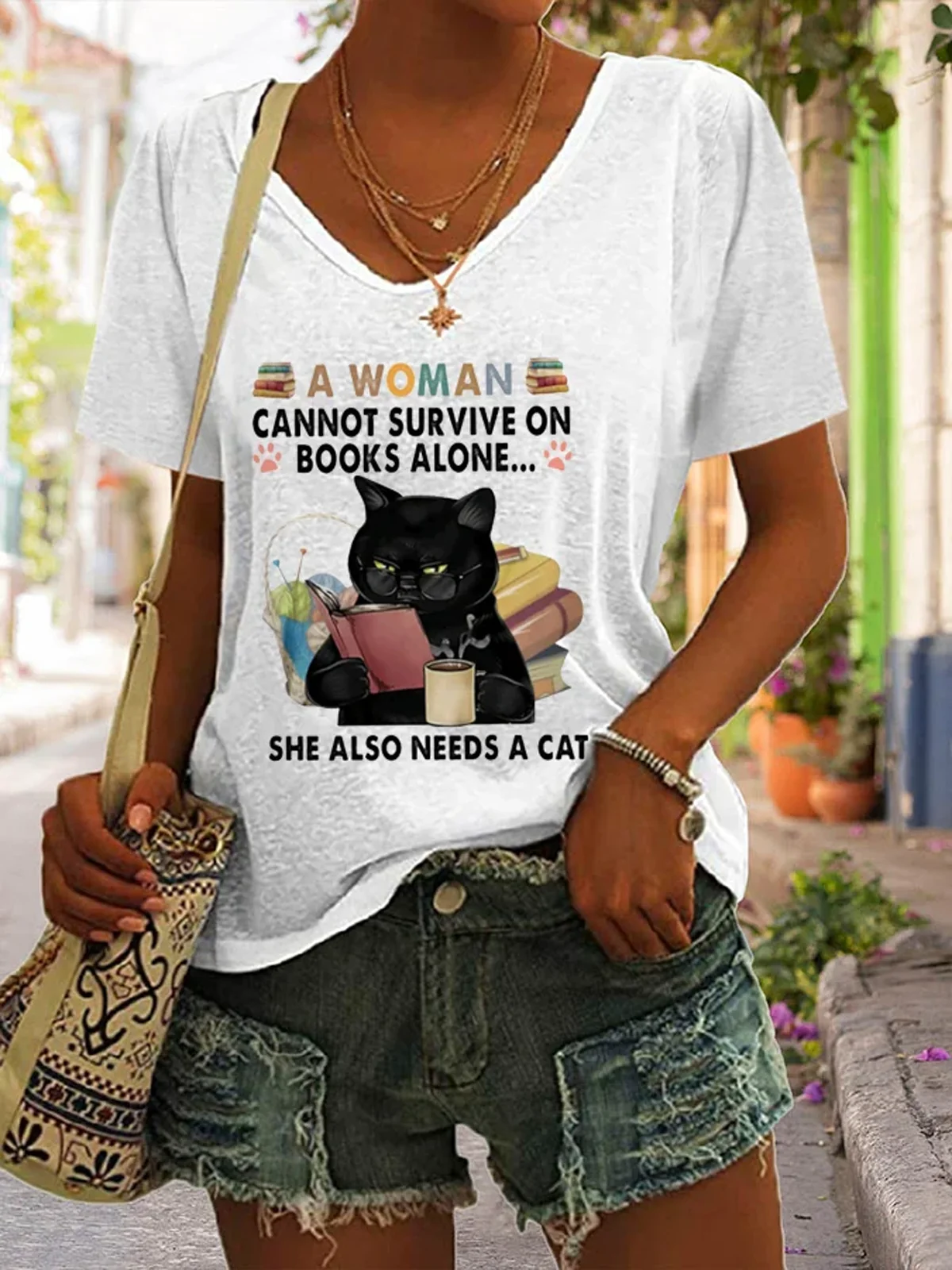 A Woman Cannot Survive On Books Alone She Also Needs A Cat Print Short Sleeve T-Shirt