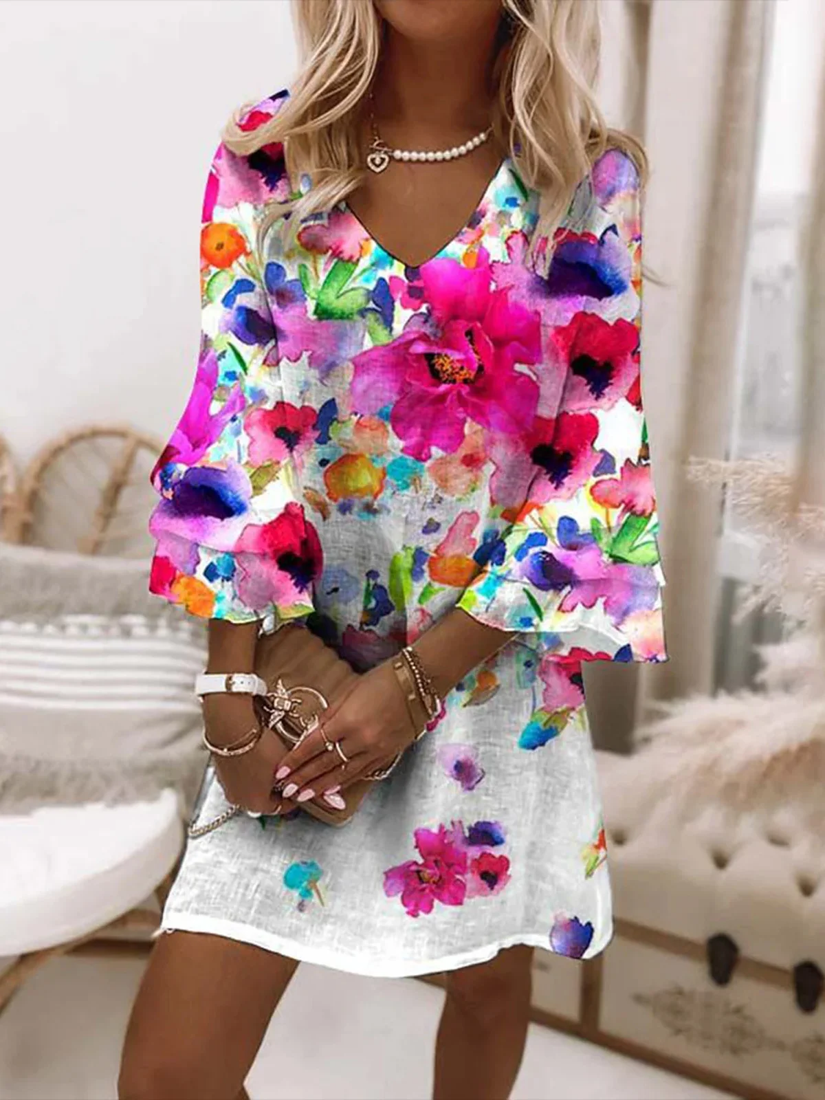 Casual Floral Loose V Neck Dress With No