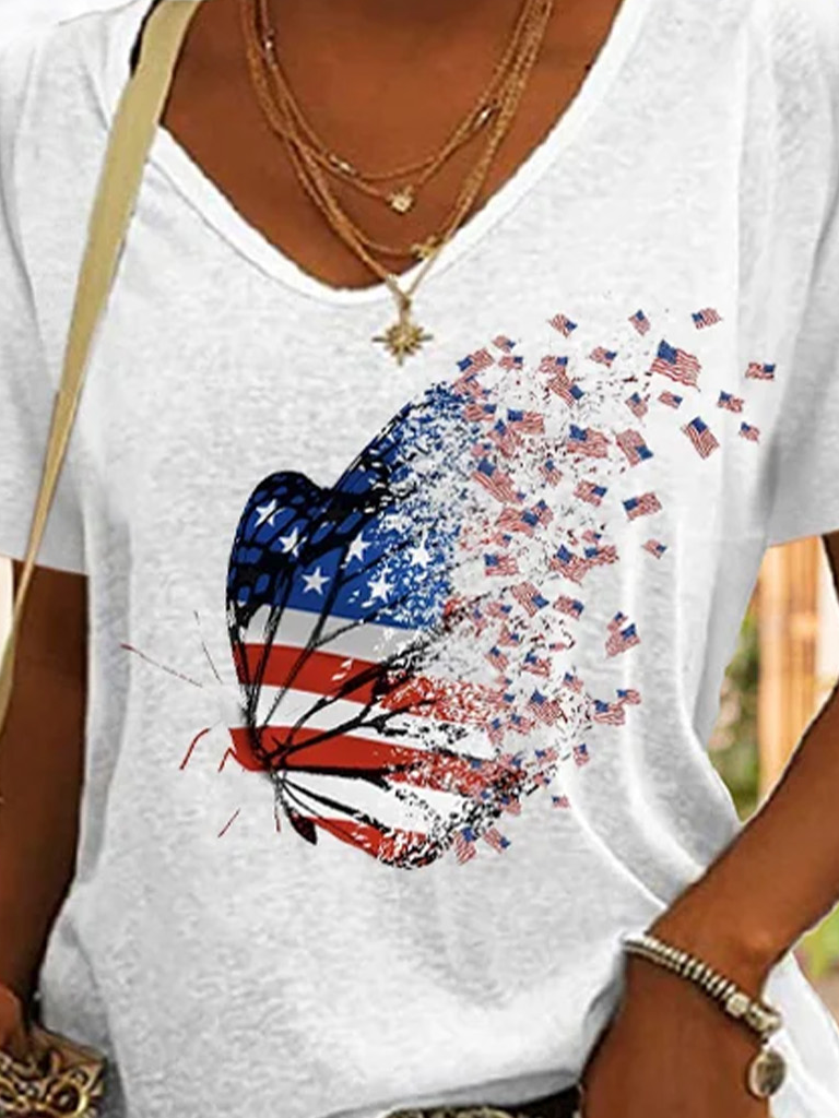 Women's independence Day Butterfly American Flag Print Casual T-Shirt