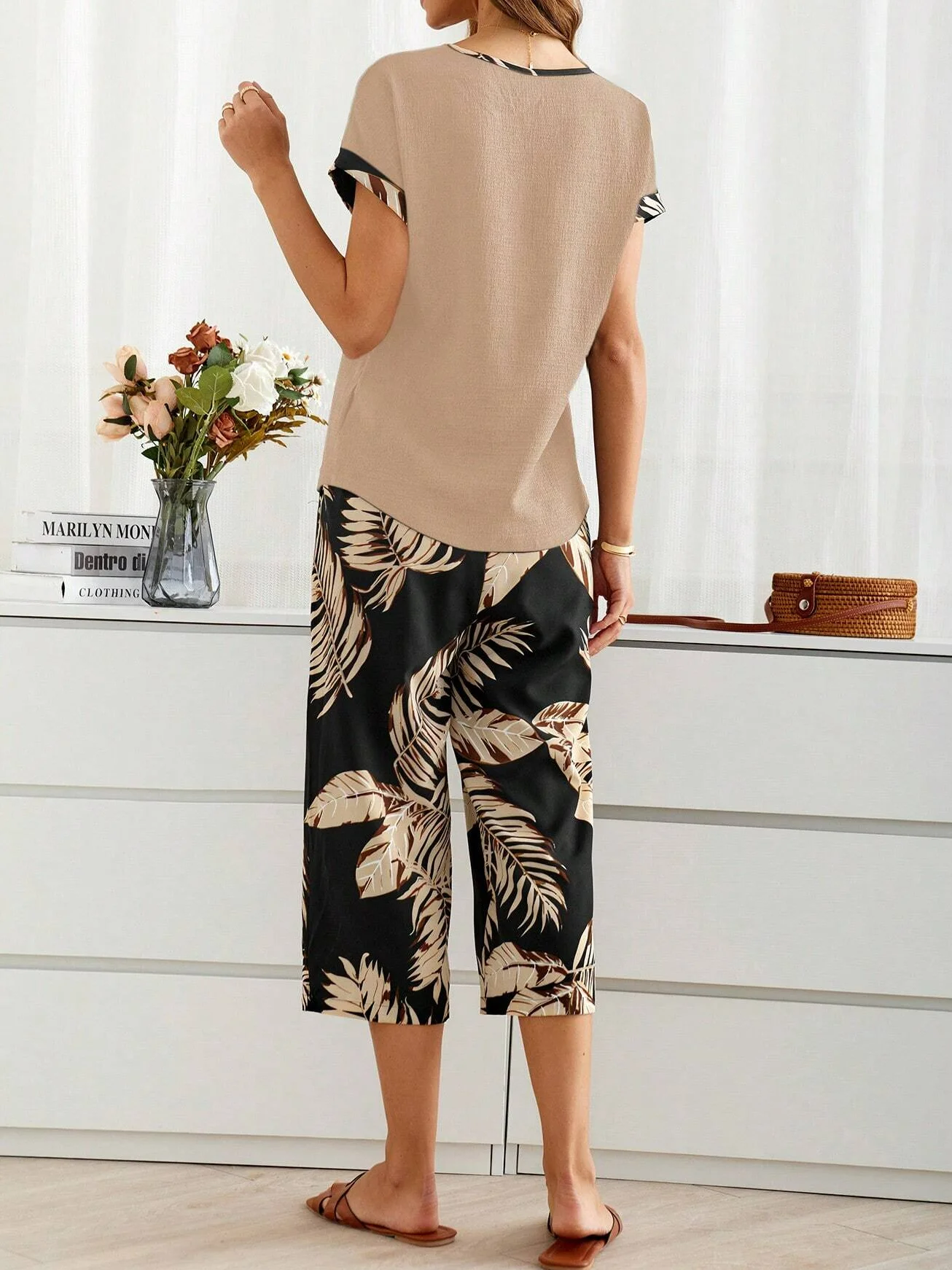 Loose Crew Neck Palm Leaf Casual Two-Piece Set