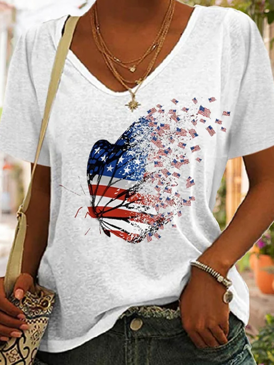 Women's independence Day Butterfly American Flag Print Casual T-Shirt