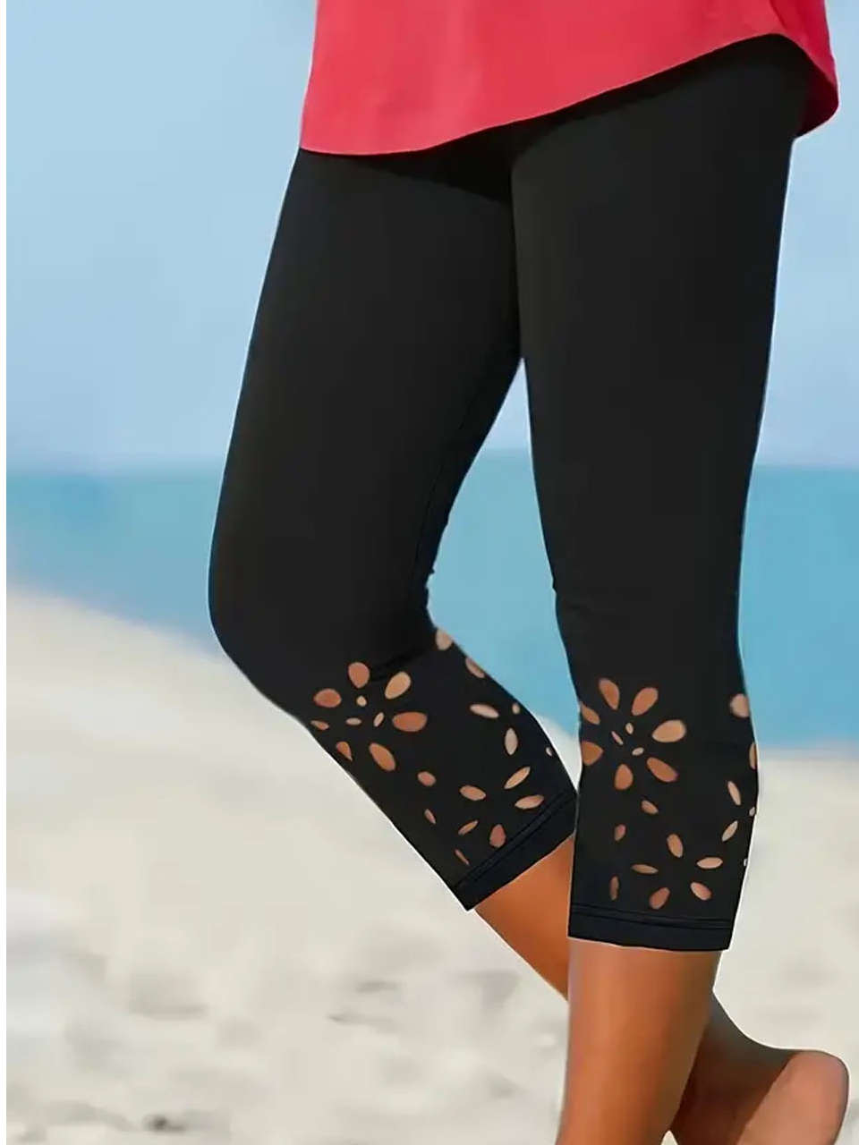 Casual Floral Hollow Out Leggings