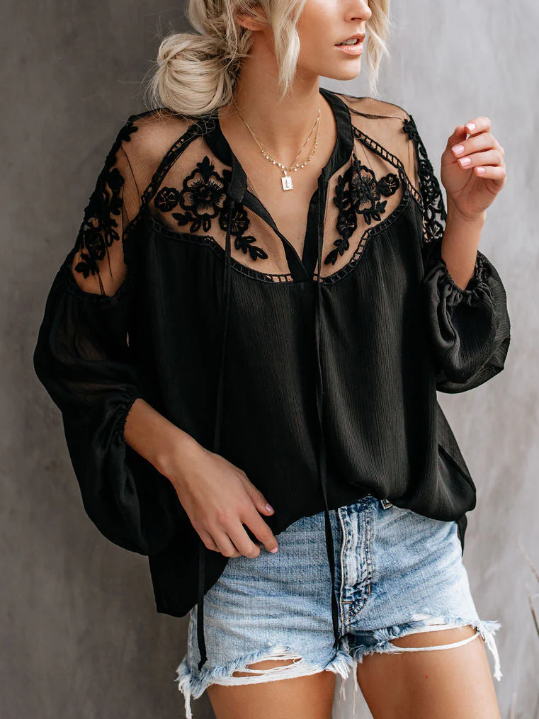 V Neck Split Joint Boho Floral Shirt