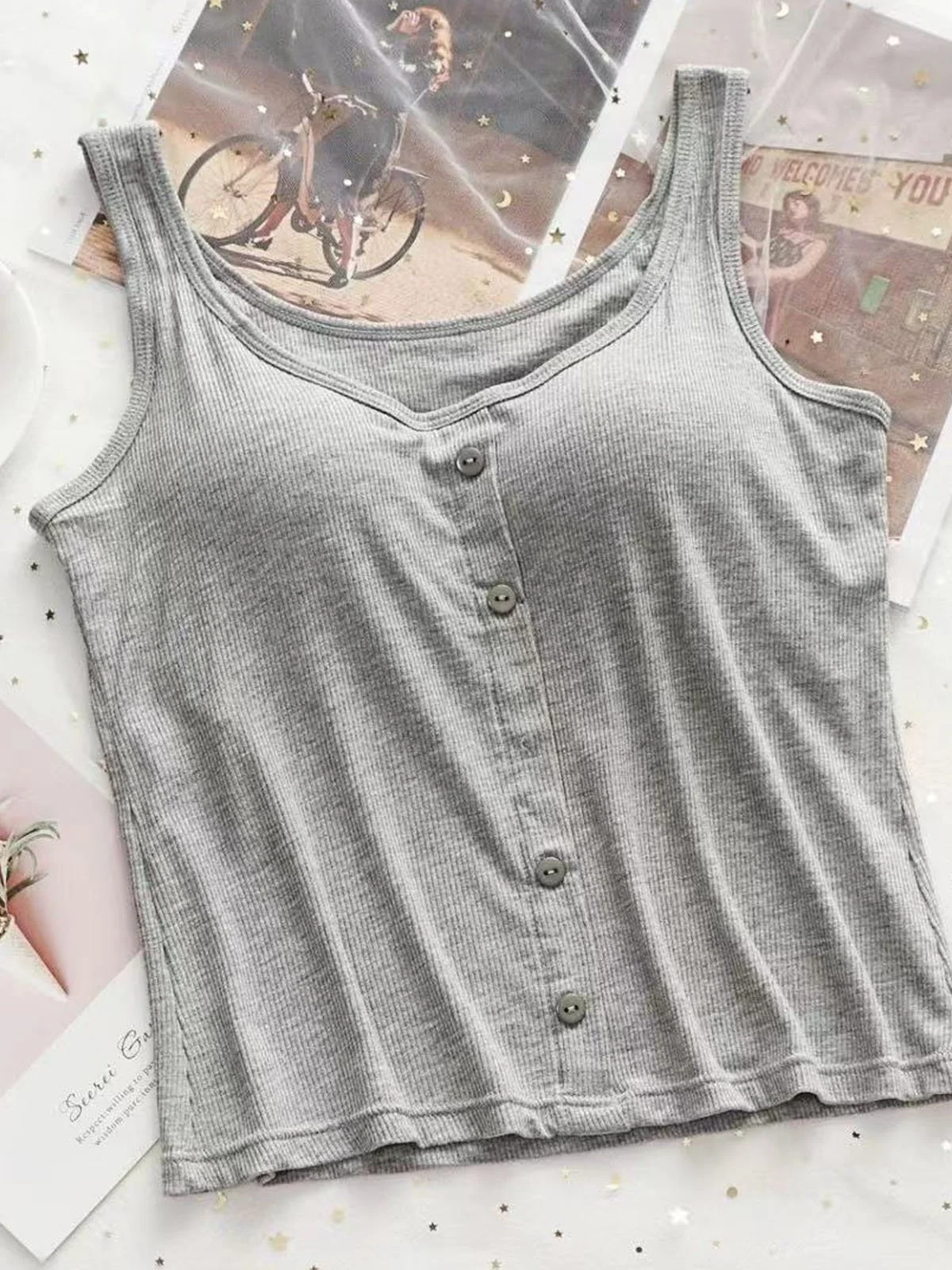 Crew Neck Plain Casual Buckle Tank Top