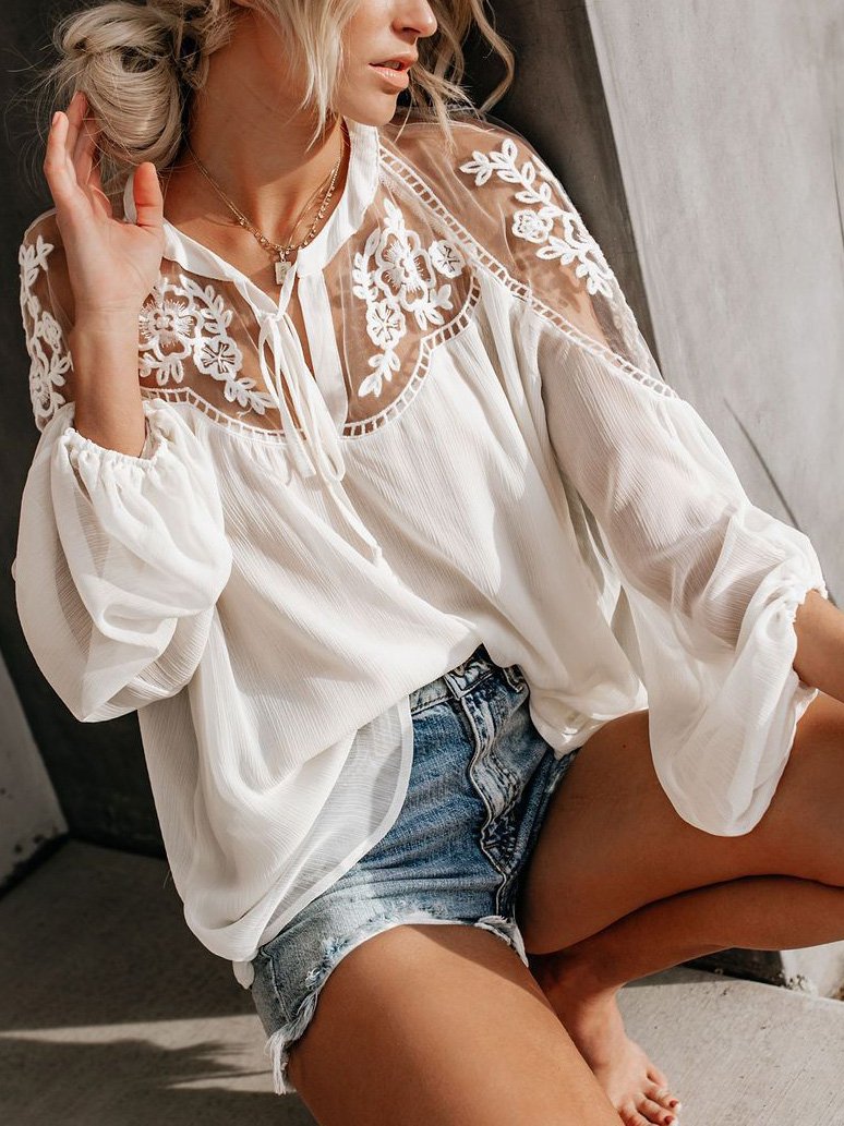 V Neck Split Joint Boho Floral Shirt