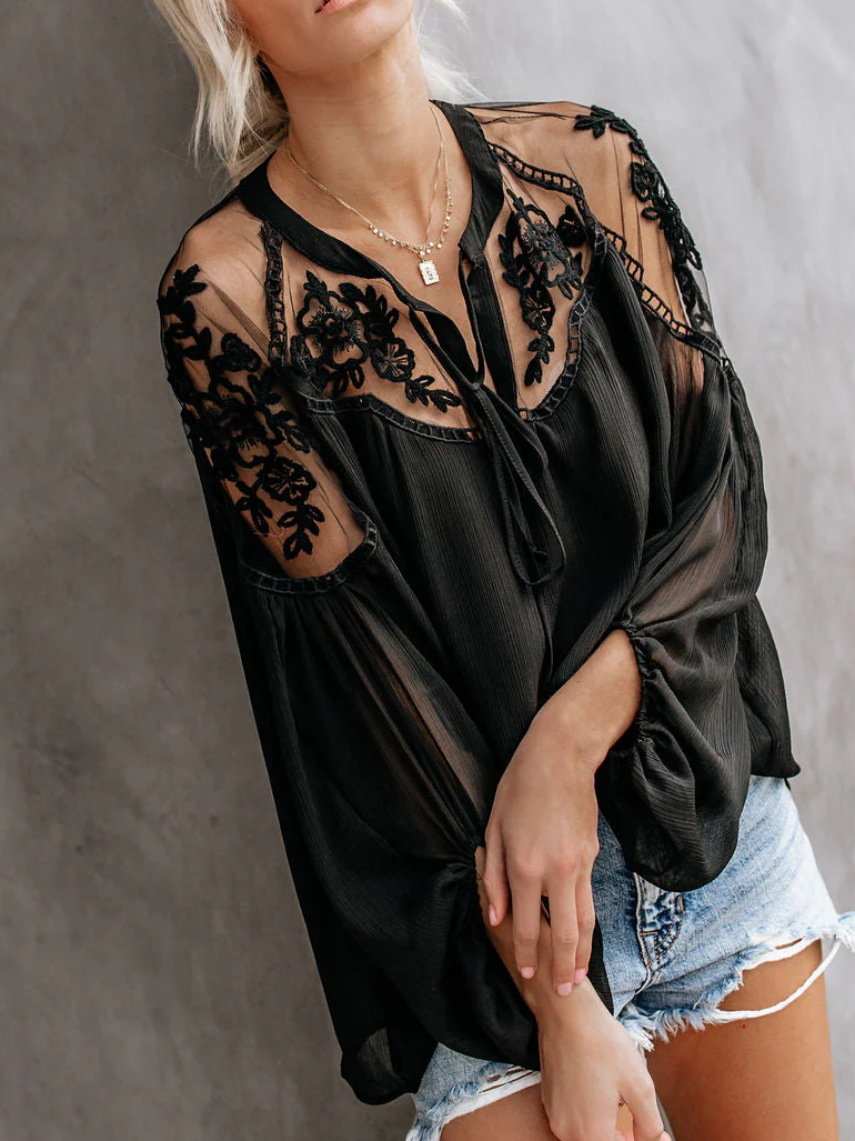 V Neck Split Joint Boho Floral Shirt