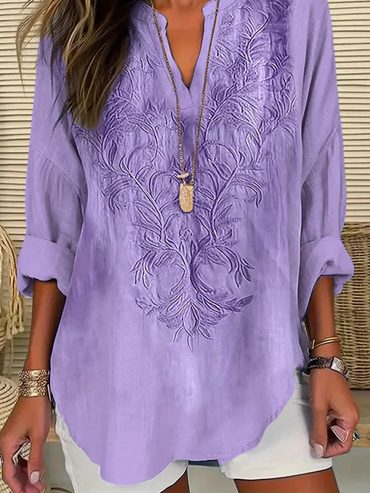 Women's Purple Flower Print V neck Long Sleeve Casual Shirt