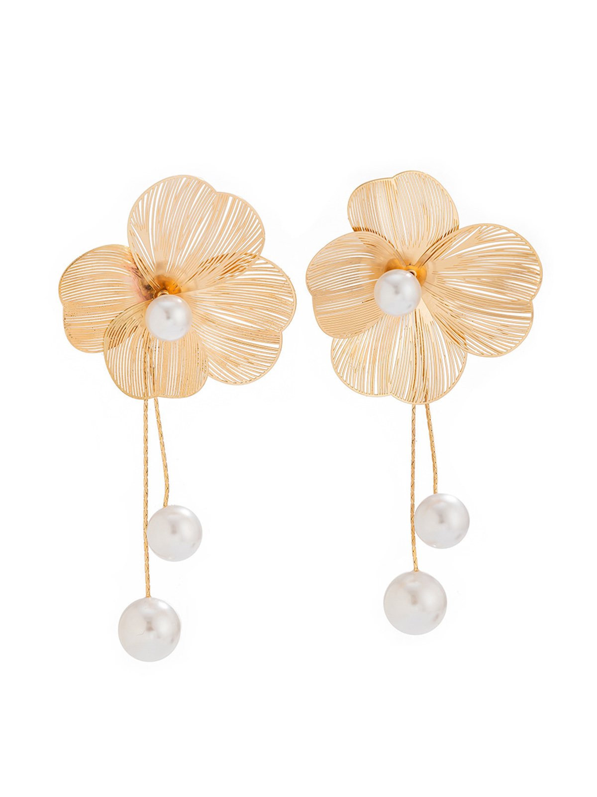 1pair Elegant Hollow Out Flower Imitation Pearl Tassel Earrings