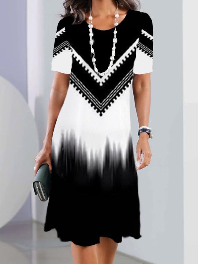 Crew Neck Casual Loose Black And White Colorblock Dress