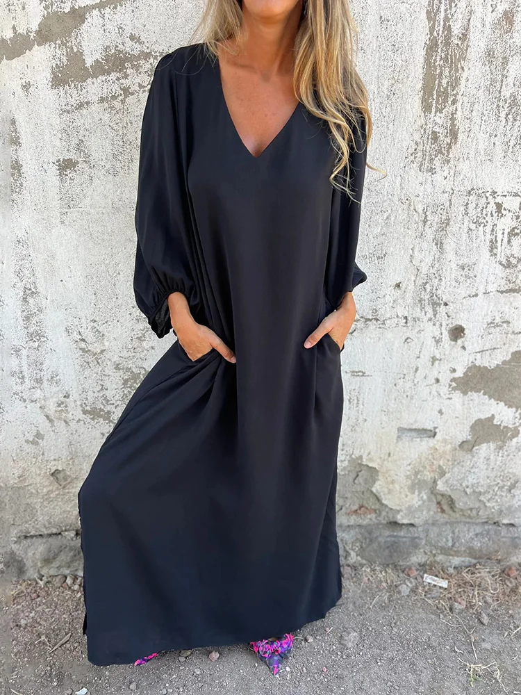 Pocket Stitching Loose Casual Crew Neck Dress