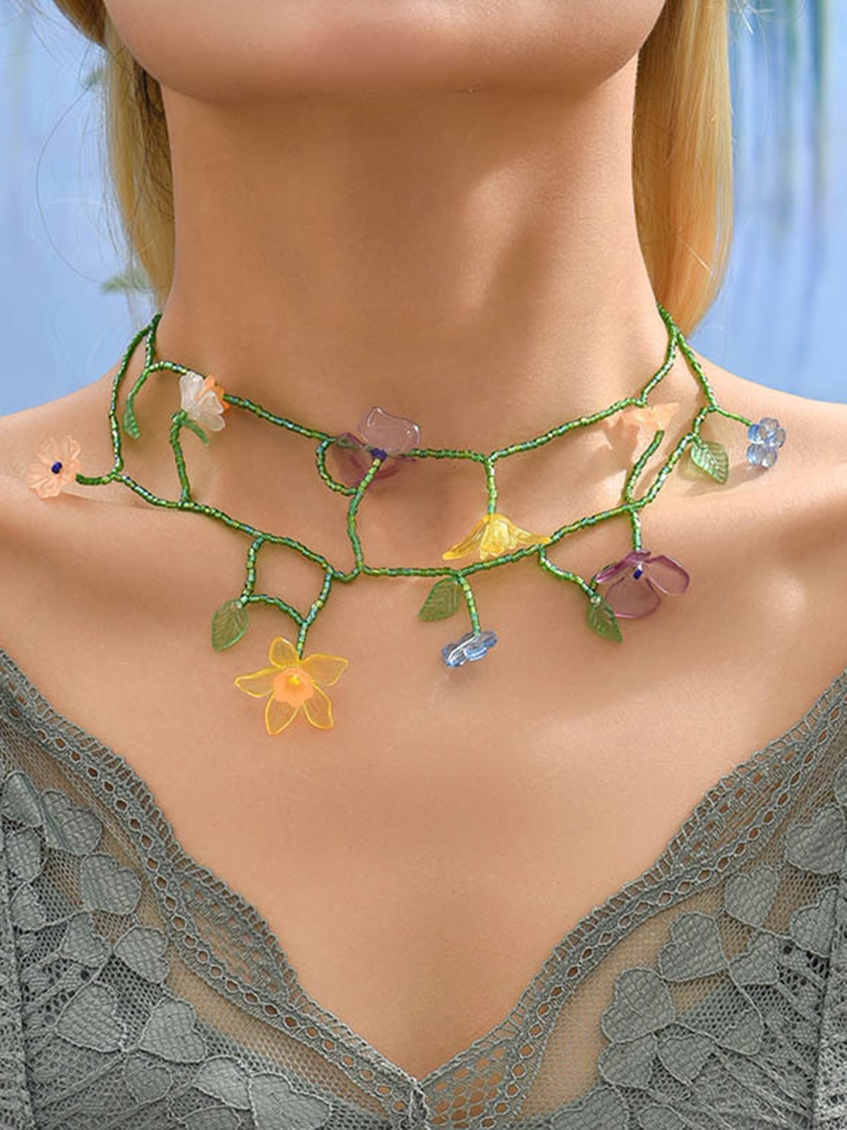 Boho Random Flower Beaded Multi-Layered  Necklace