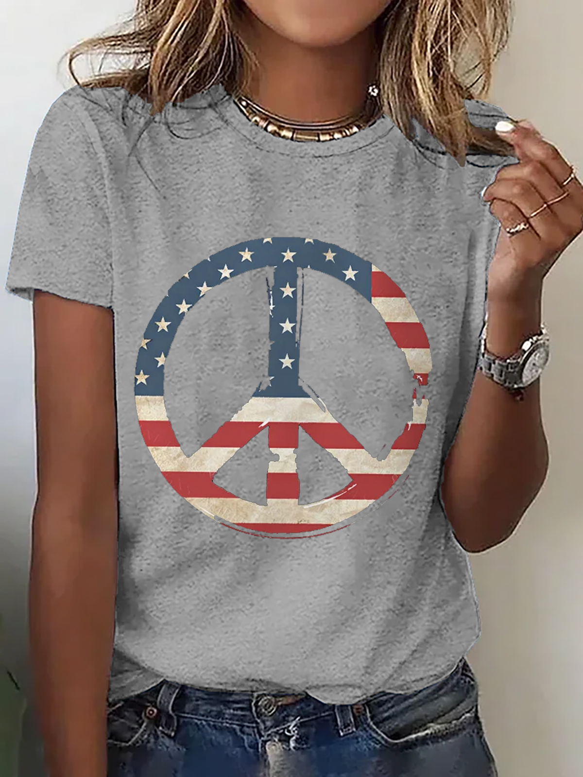 Crew Neck America Flag Cotton Casual T-Shirt