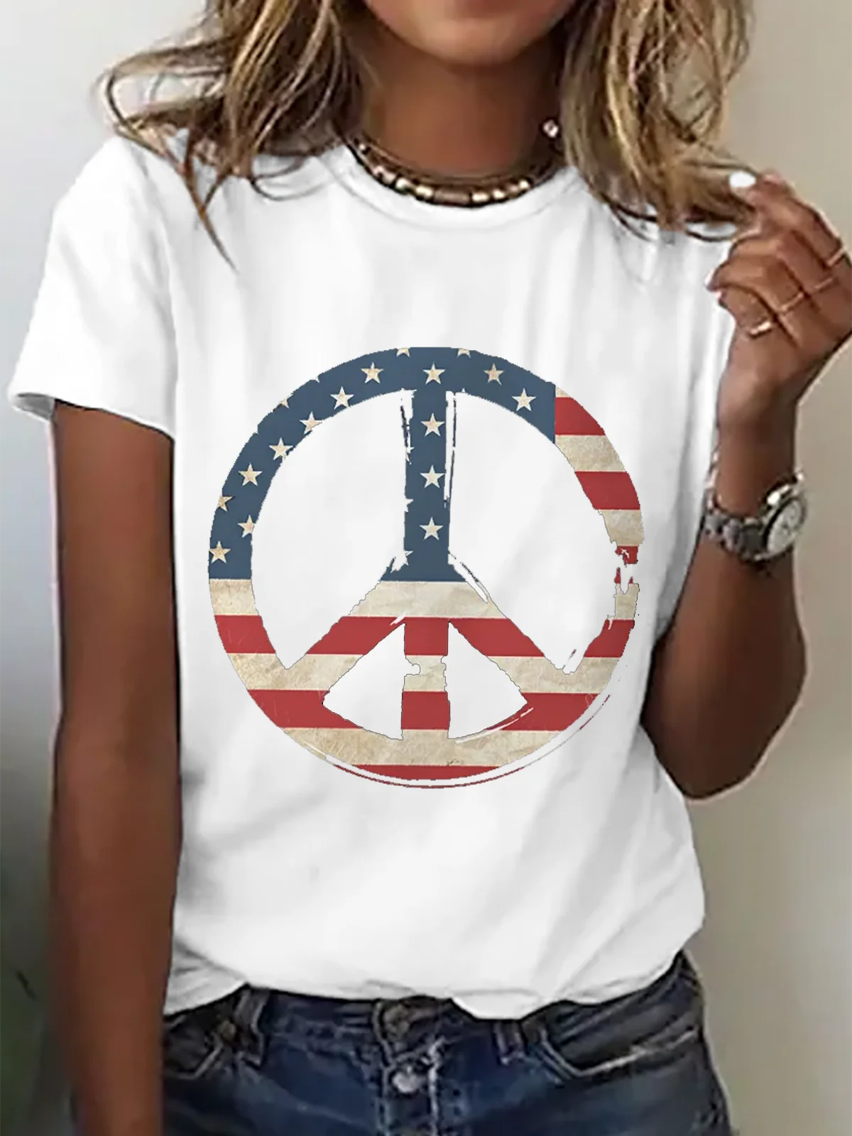 Crew Neck America Flag Cotton Casual T-Shirt