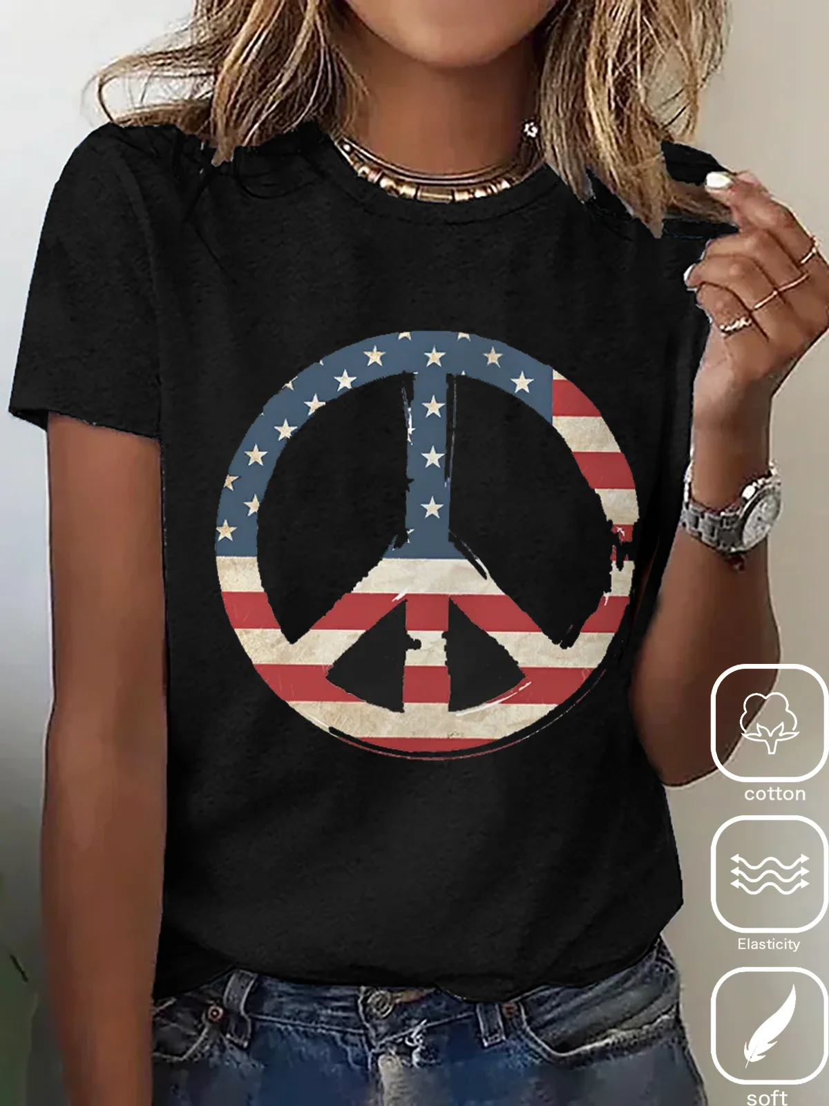 Crew Neck America Flag Cotton Casual T-Shirt