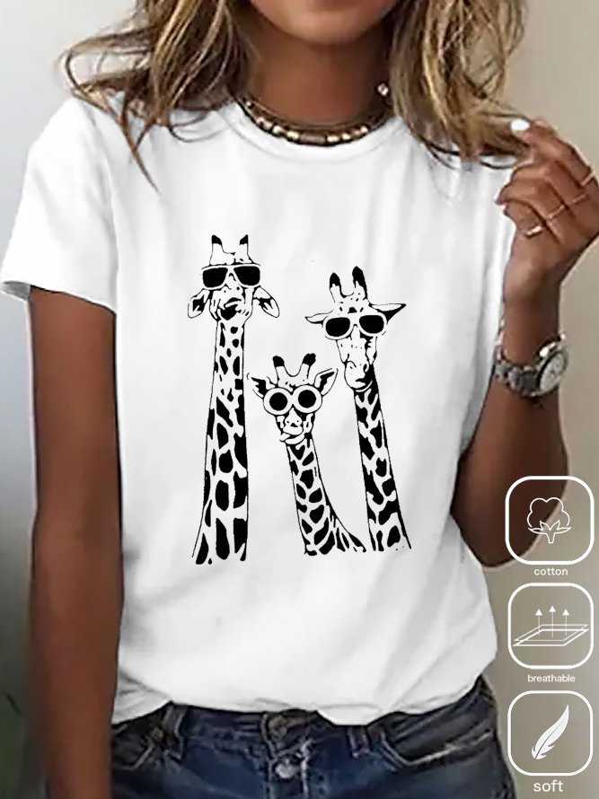 Women Casual  Deer Pattern Loose Short Sleeve Crew Neck Cotton T-Shirt